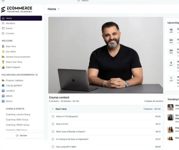 Ecommerce Training Academy member platform showing the academy navigation, course content, upcoming coaching events and community area