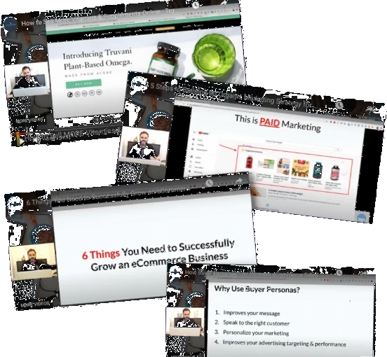 Collage of ecommerce course and training presentation screens from recorded lessons