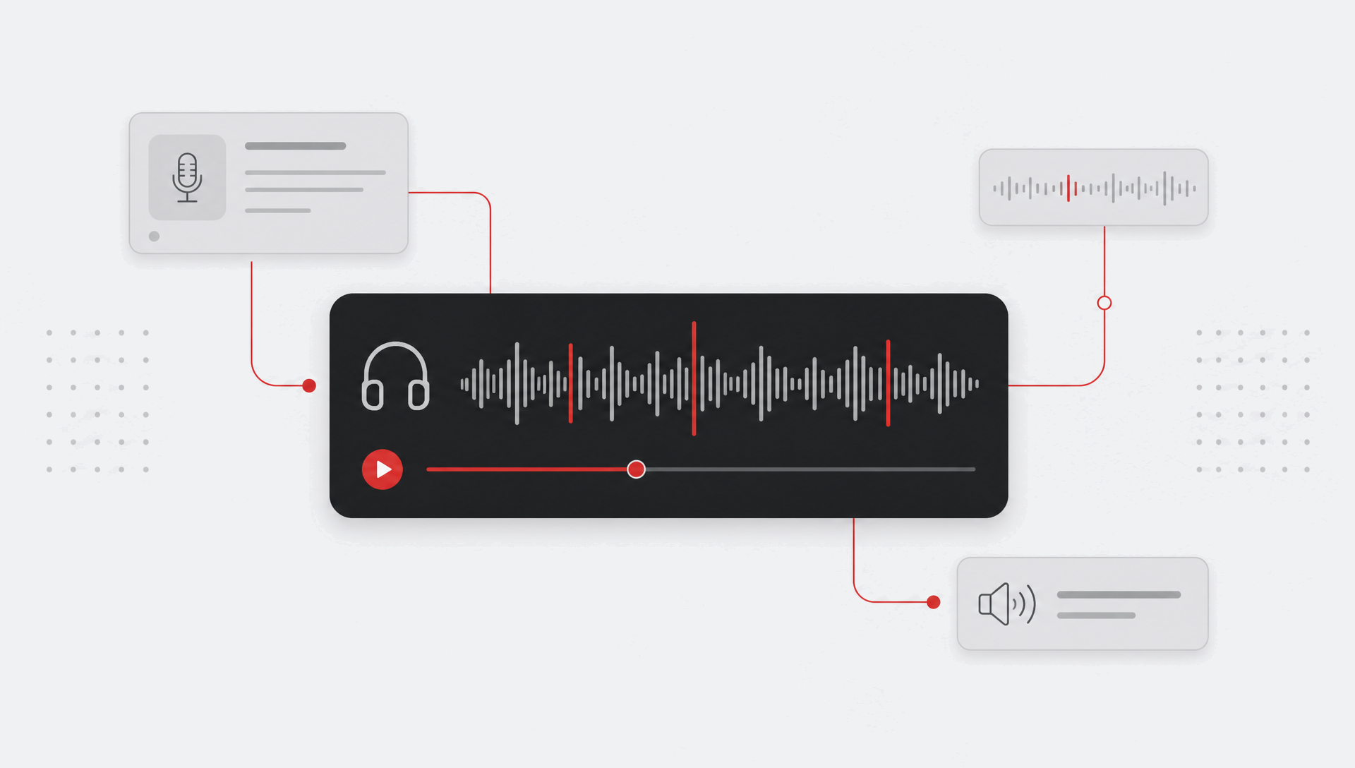 Audio streaming player interface with waveform, headphones cue, playback progress and supporting audio placement modules