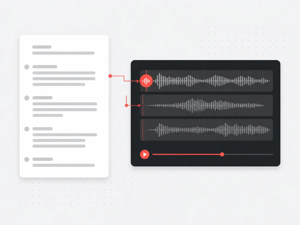 Script card linked to a dark audio module with waveform blocks and a red playback timeline