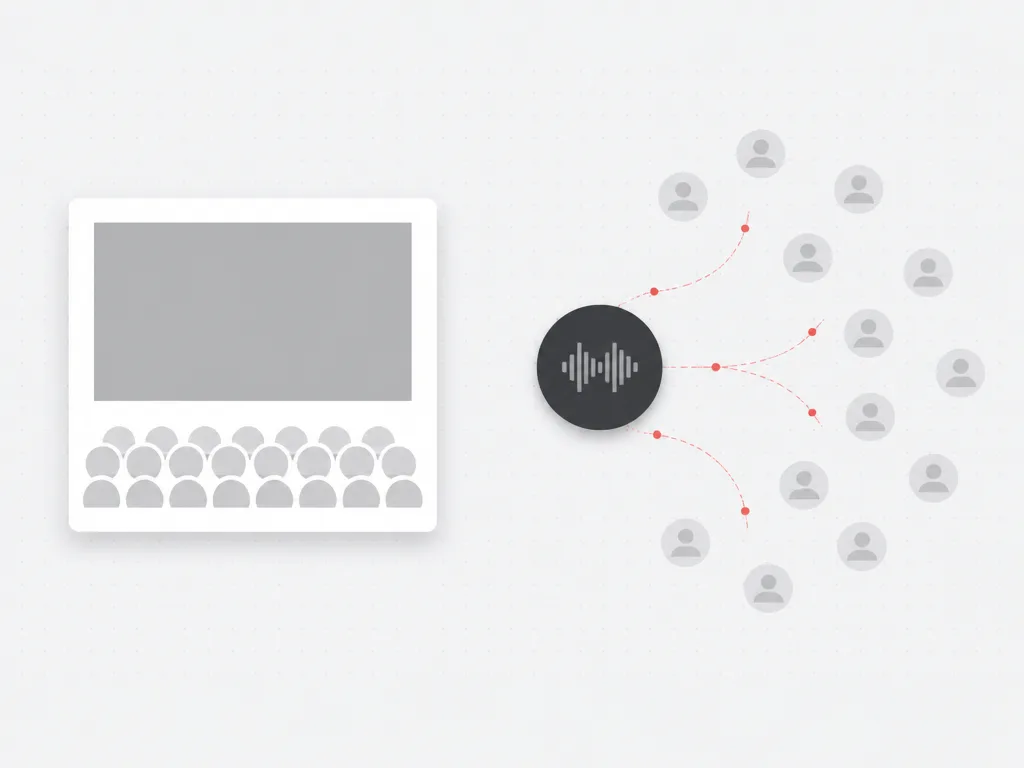 Visual media module beside a dark audio layer expanding along red paths into new audience nodes