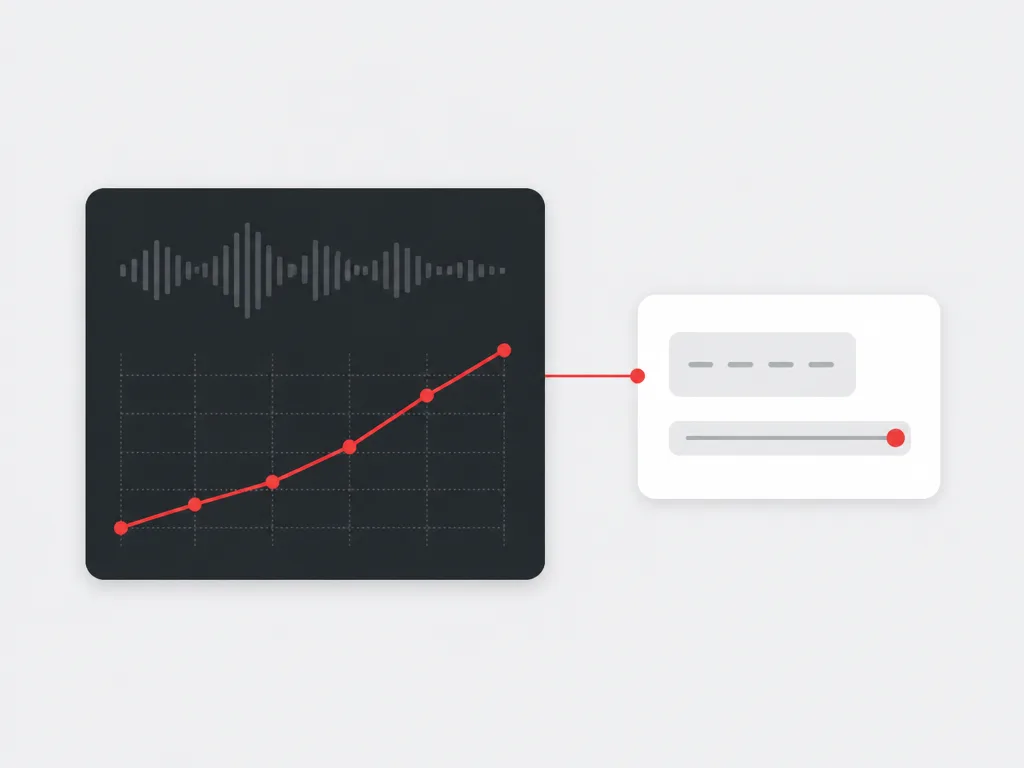 Dark audio performance panel with a rising red chart linked to a promo code and vanity path card