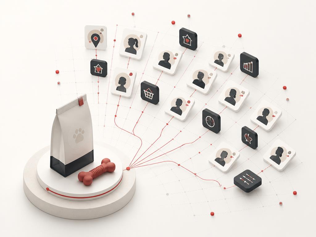 Editorial pet product campaign composition expanding into qualified audience discovery tiles