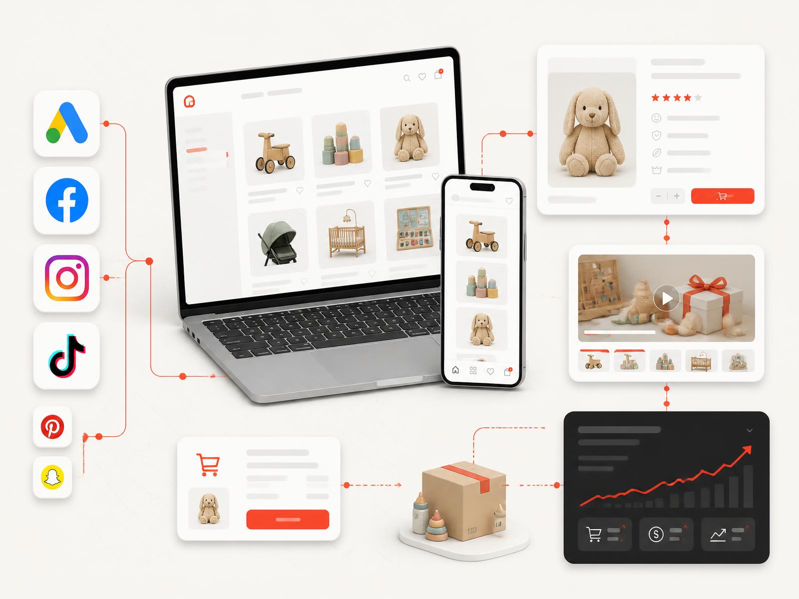 Baby, kids and toys ecommerce storefront on laptop and phone with a product detail module, gift guide content frame and a revenue performance module connected together