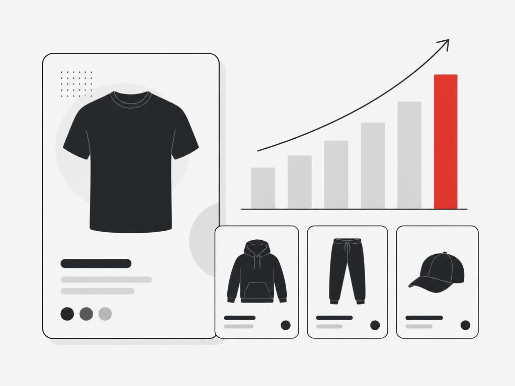 Hero product card with supporting product tiles and a rising demand chart