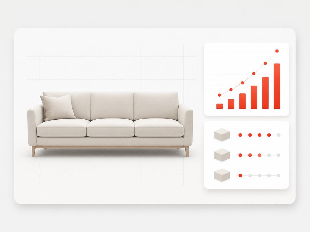 Hero sofa product card beside a subtle demand and velocity signal
