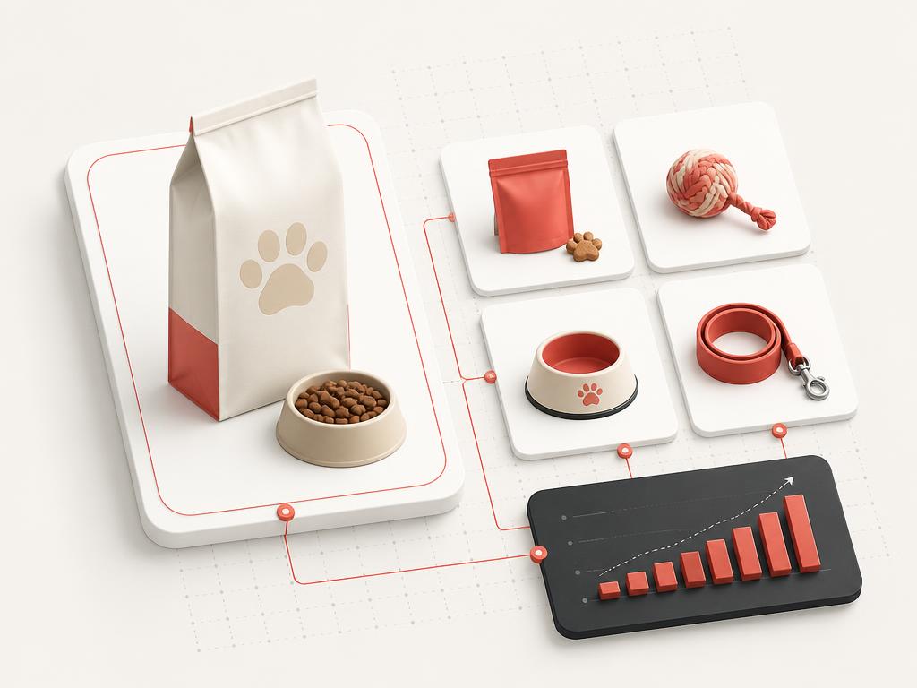 Hero pet product card with a product velocity indicator and a clean product grid composition