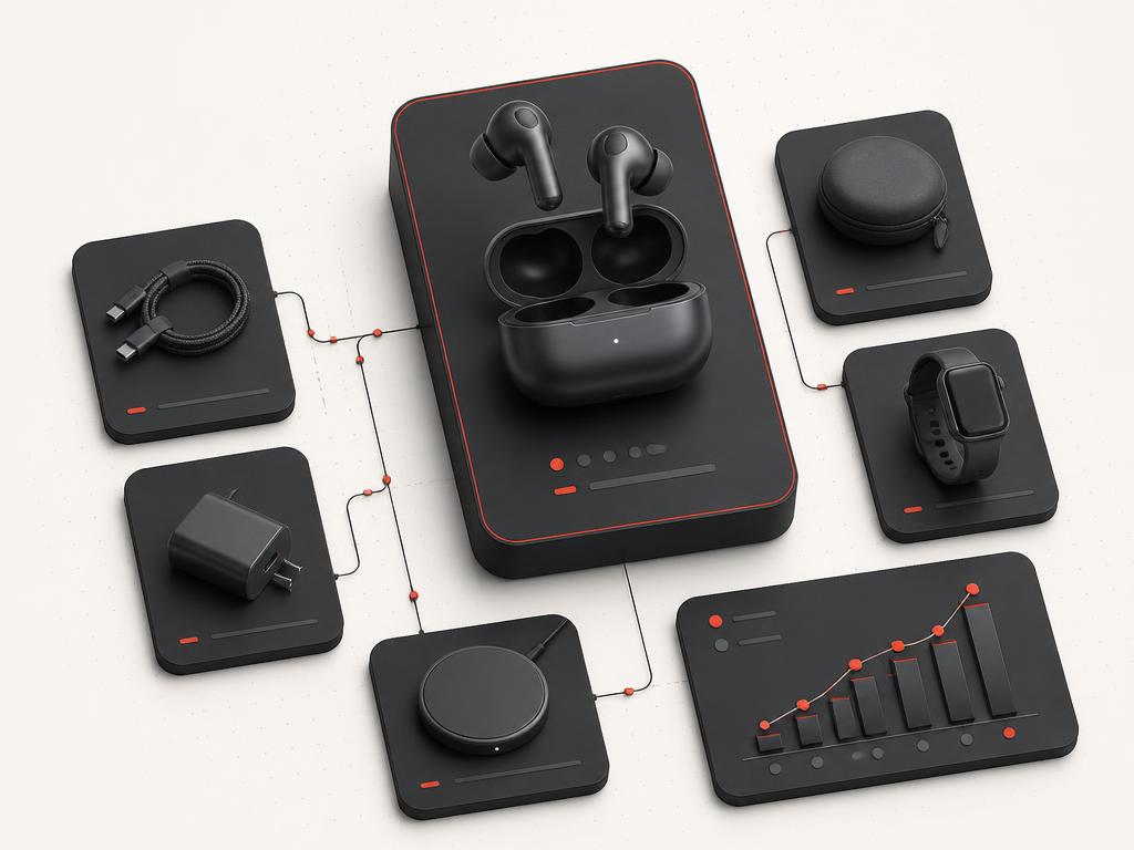 Hero device product card surrounded by accessory tiles and a product velocity chart