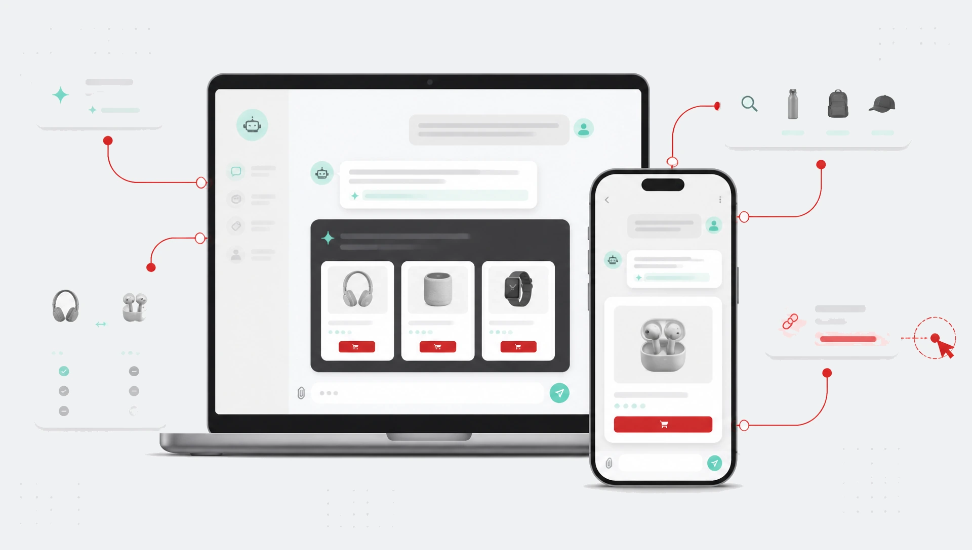 Conversational AI shopping interface on a laptop and smartphone with generic product recommendation, discovery and conversion modules