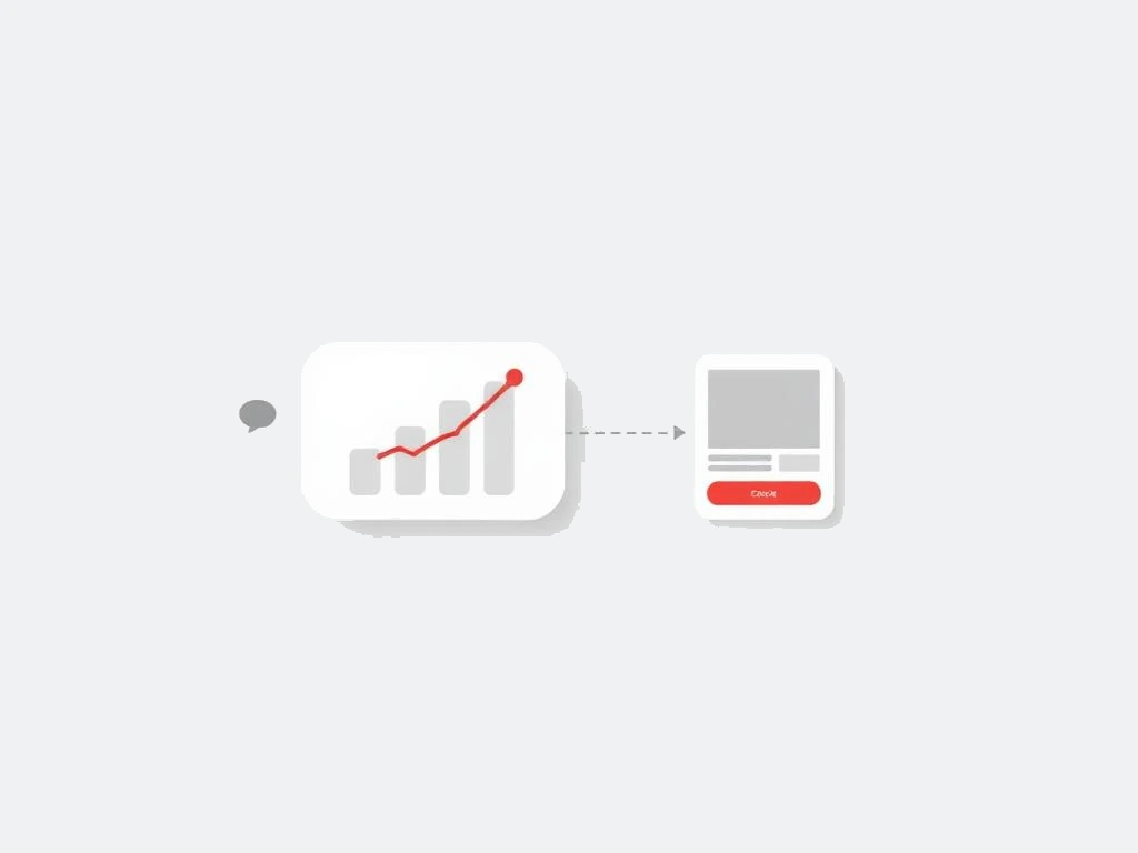 Analytics card with a rising red line connected to a chat bubble and a generic product checkout card