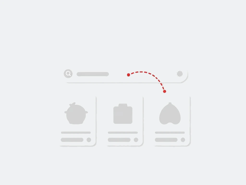 Conversational prompt bar connected to a row of generic product cards with one highlighted in red