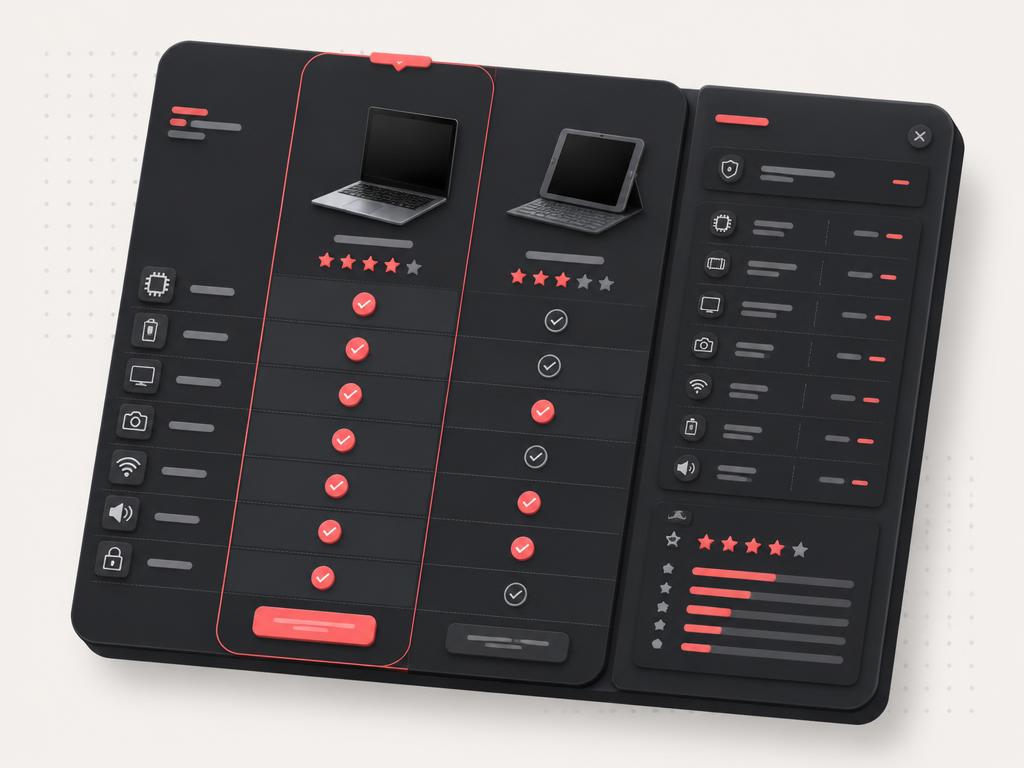 Refined product comparison module with generic device feature rows and review cues