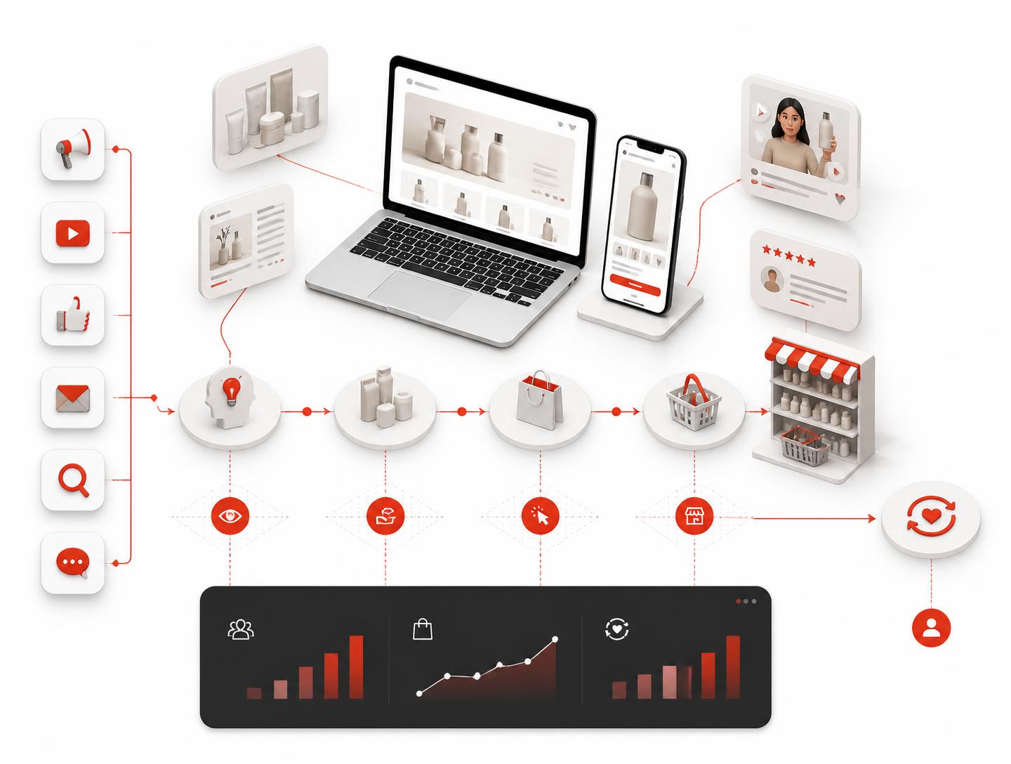 Consumer brand storefront on laptop and phone connected to advertising channels, product awareness, trial, retail purchase and repeat value