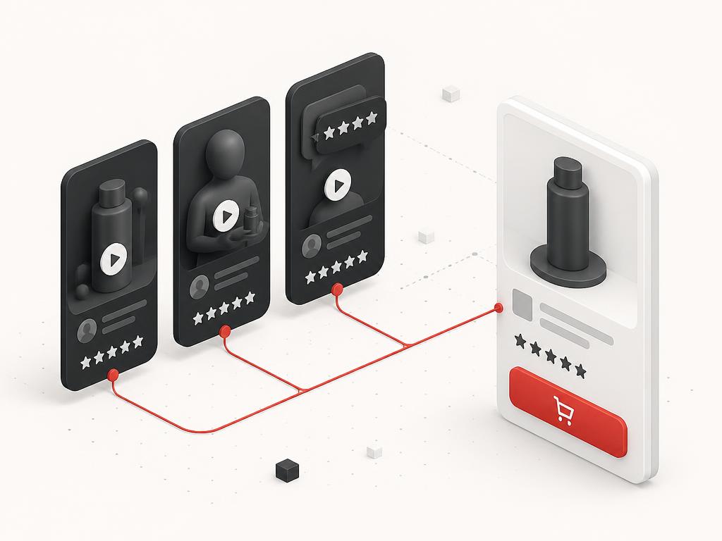 Generic review and product demo content frames flowing into an ecommerce product action
