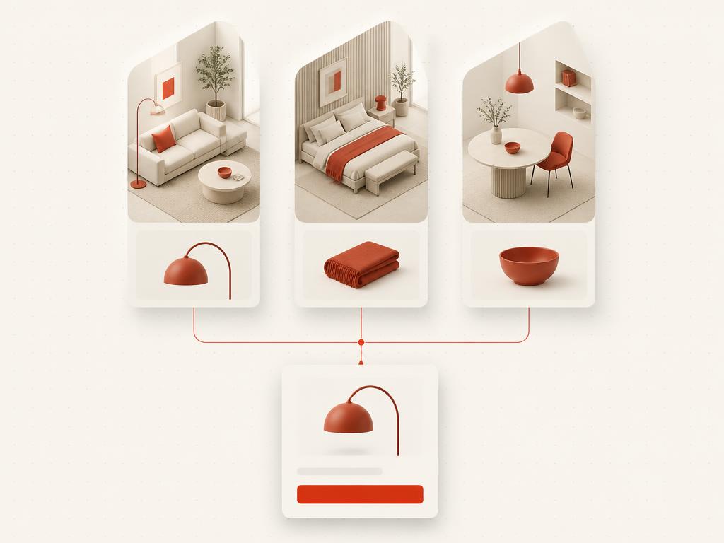 Room styling and product content frames flowing into a product action card