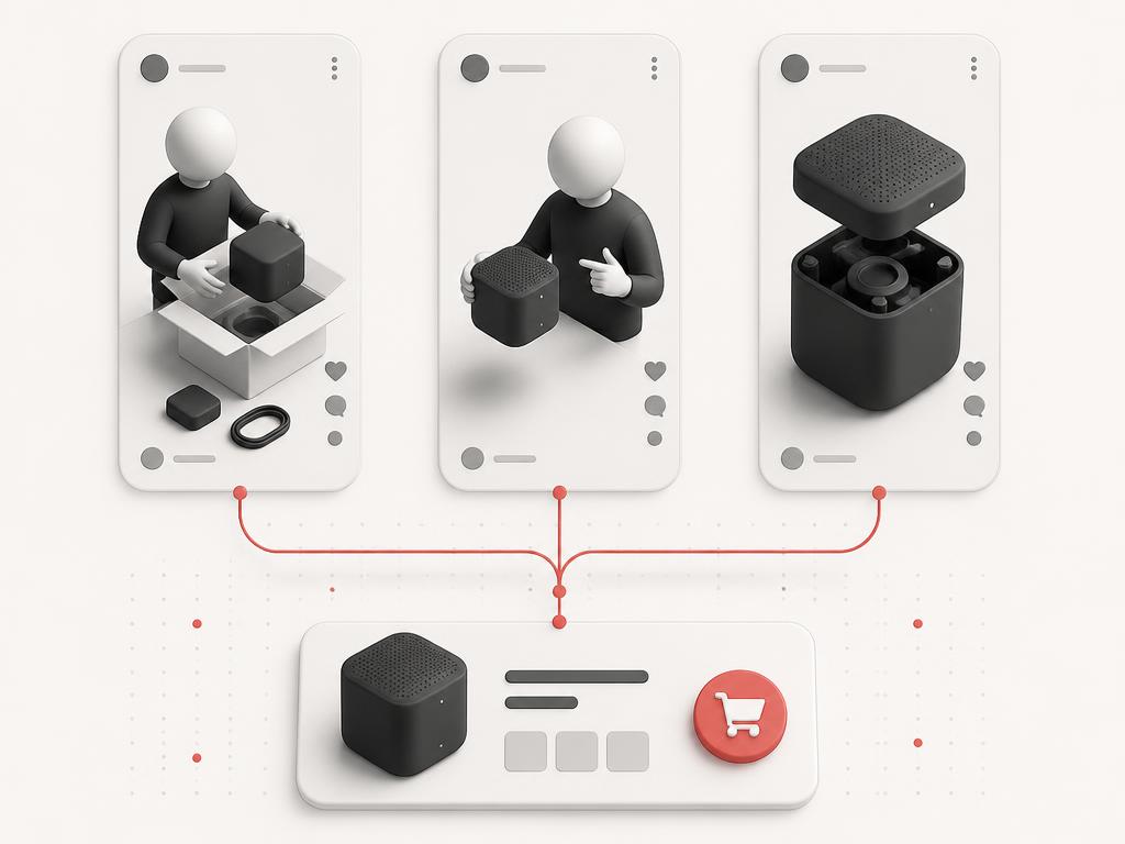 Generic product demo, review and unboxing content frames flowing into a product action card