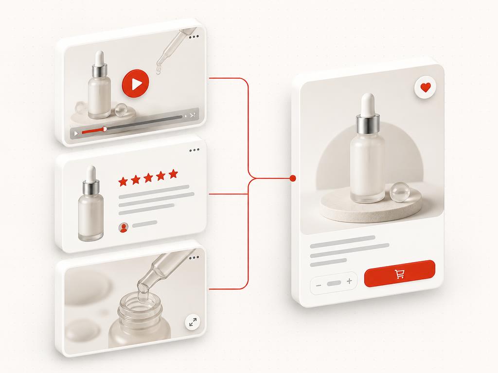 Tutorial, review and product macro frames flowing into a product action card