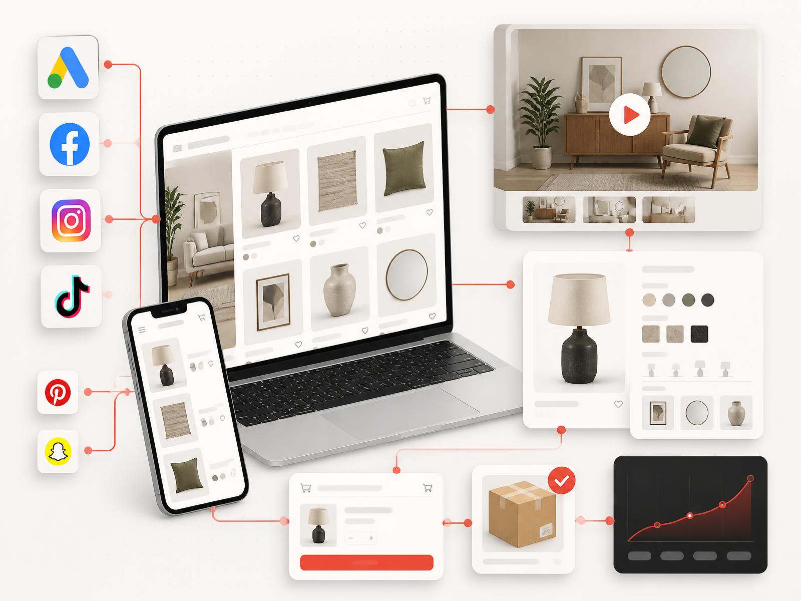 Home goods and décor ecommerce storefront on laptop and phone with a product detail module, room styling content frame and a revenue performance module connected together