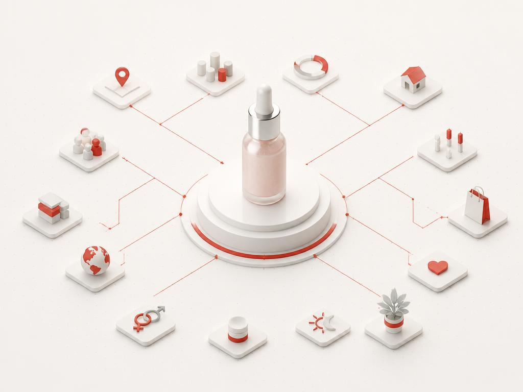 Editorial beauty product plinth expanding into qualified audience discovery tiles
