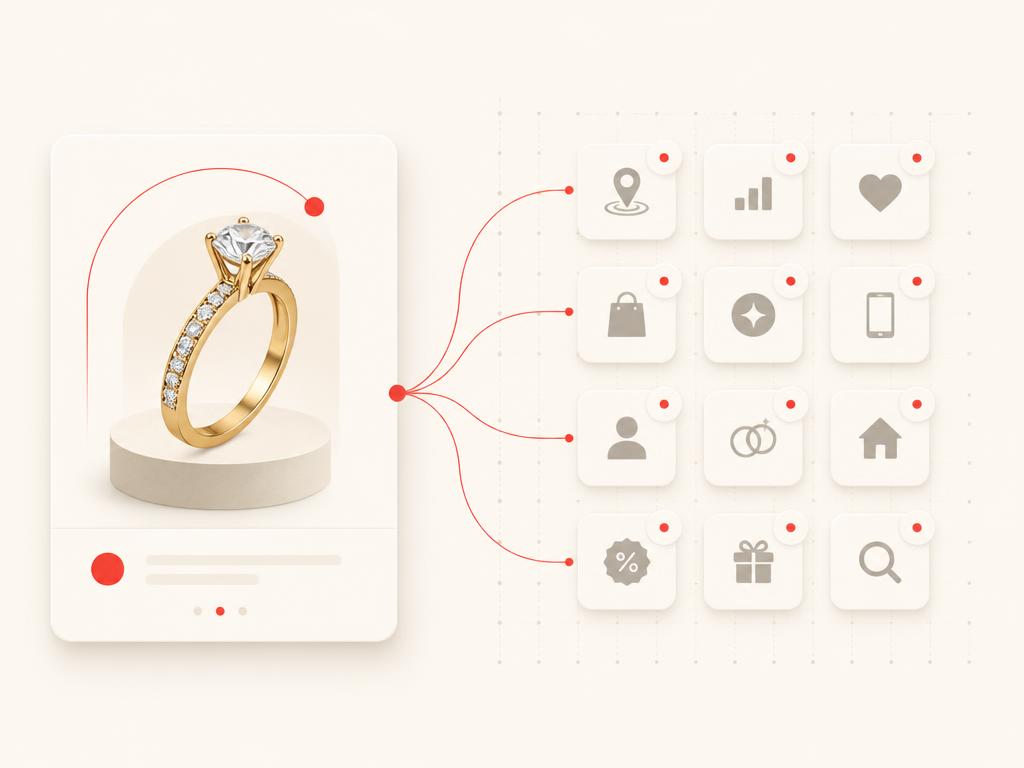 Editorial jewelry campaign card expanding into a field of qualified discovery signals