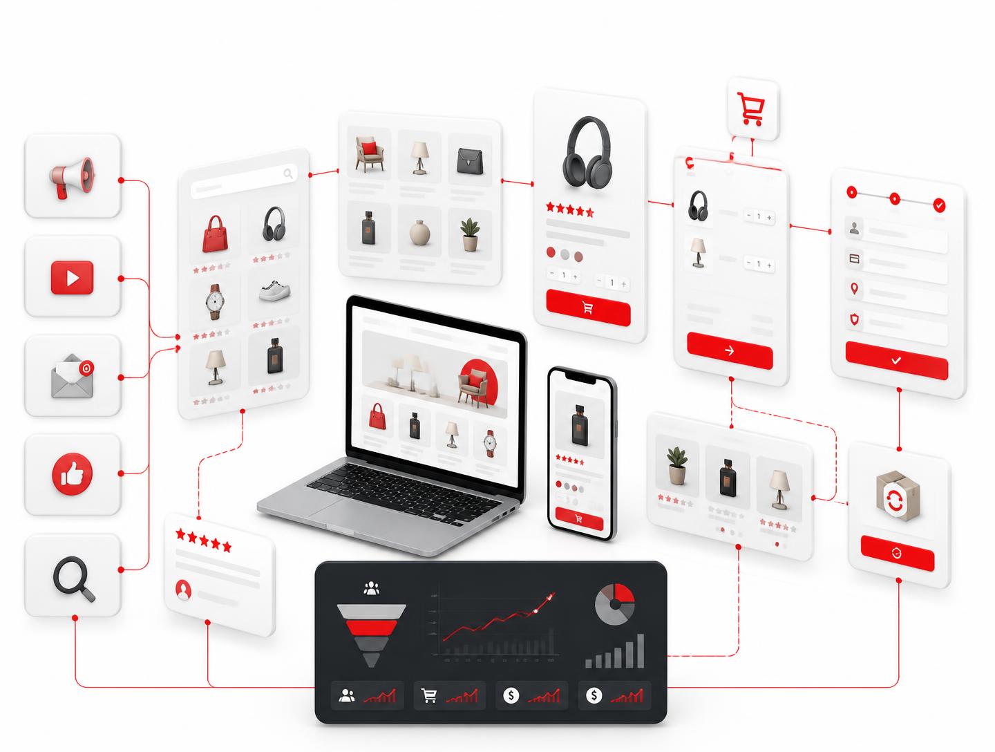 Ecommerce storefront on laptop and phone connected to advertising channels, product discovery, checkout and repeat revenue modules