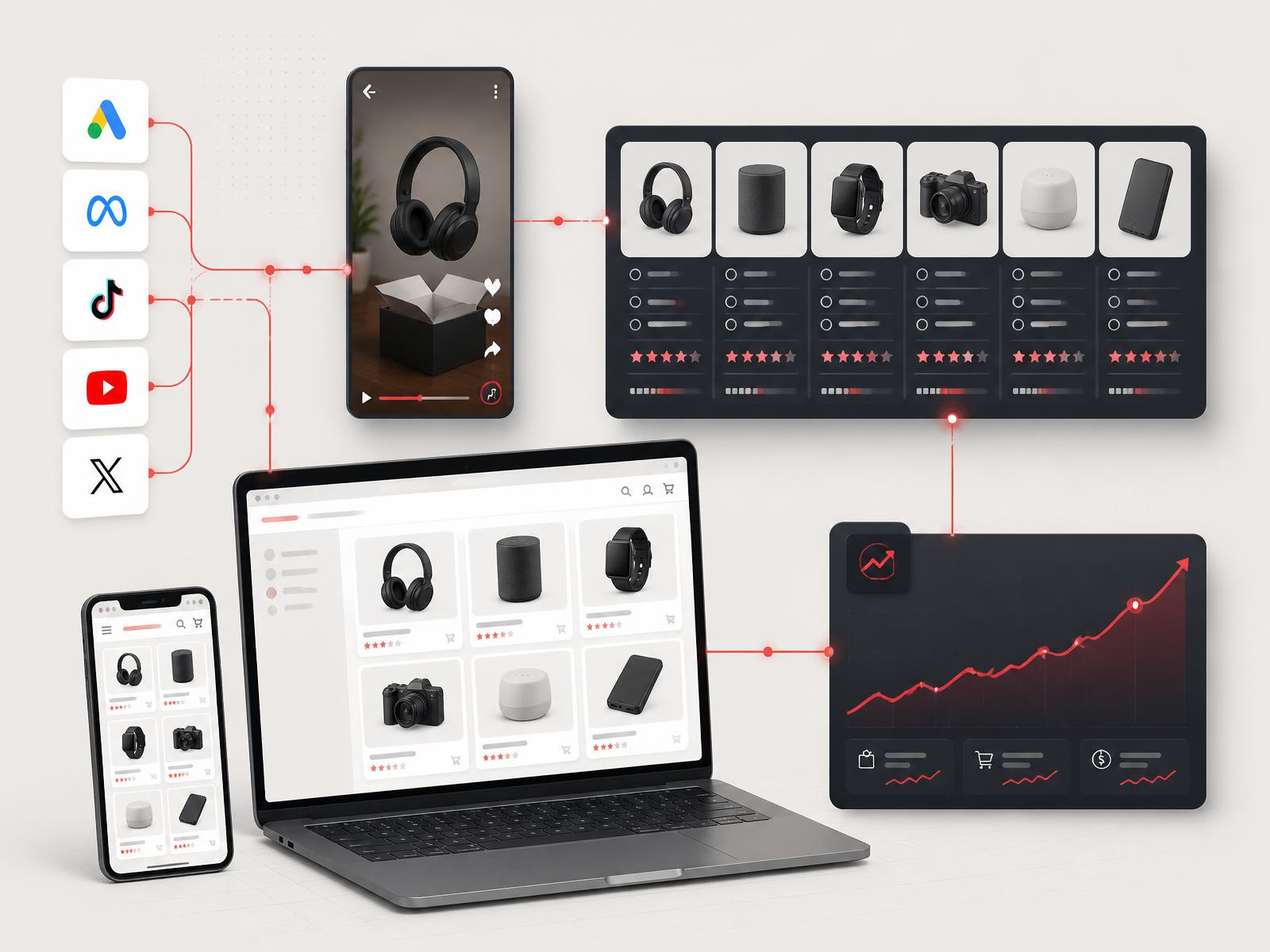 Consumer electronics ecommerce storefront on laptop and phone with a product comparison module, product demo content frame and a revenue performance module connected together