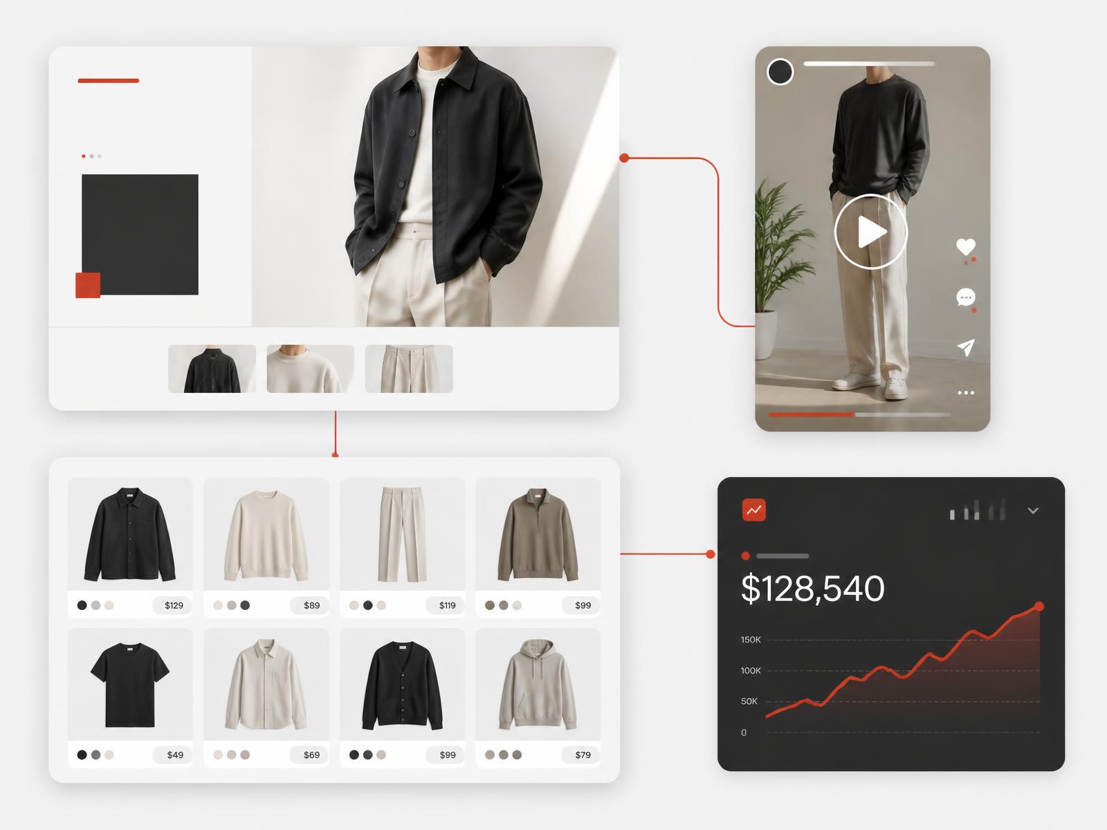 Fashion campaign lookbook, product discovery grid, creator content frame and a revenue performance module connected together