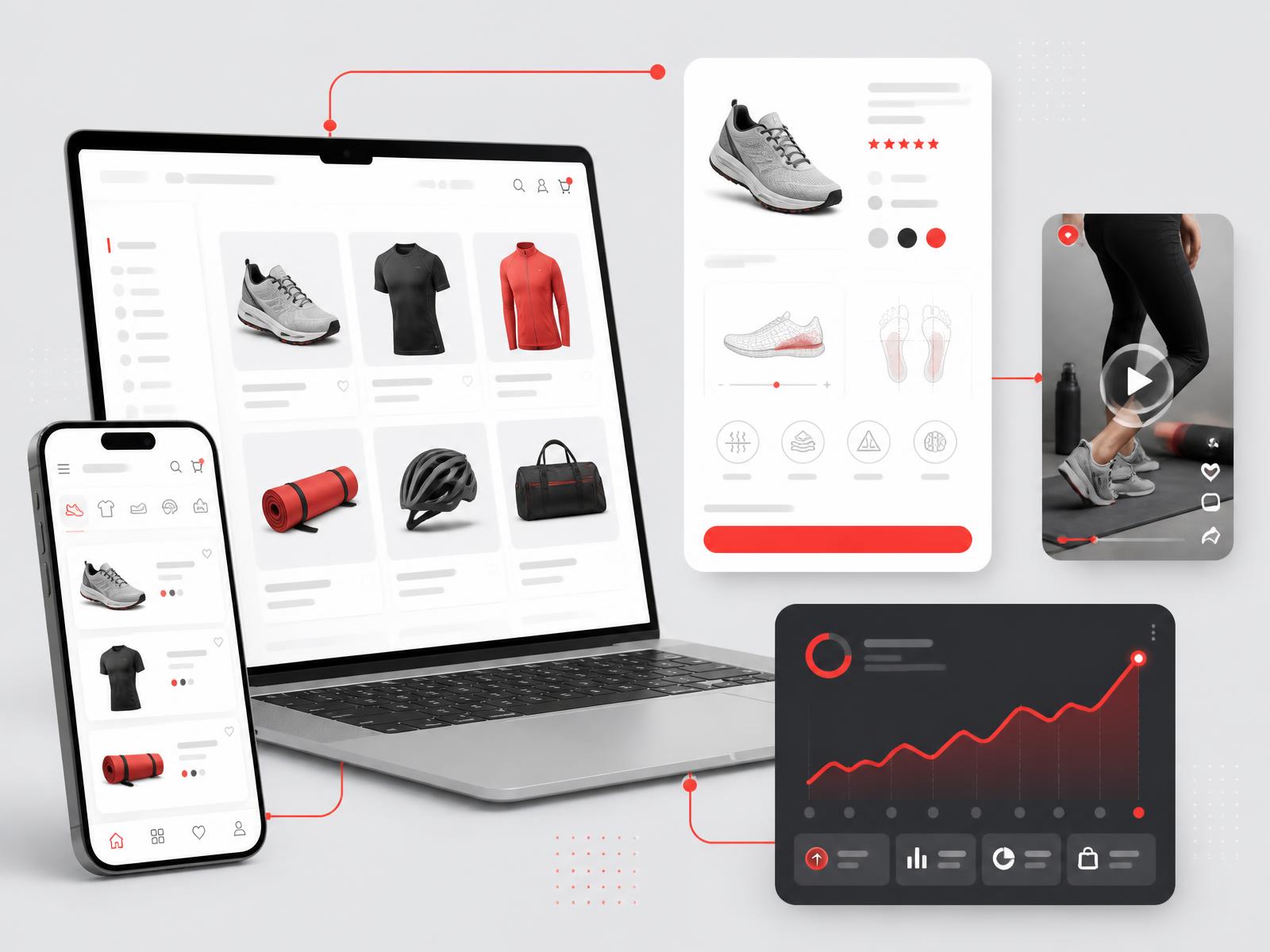 Fitness and sporting-goods ecommerce storefront on laptop and phone with a product detail module, training content frame and a revenue performance module connected together