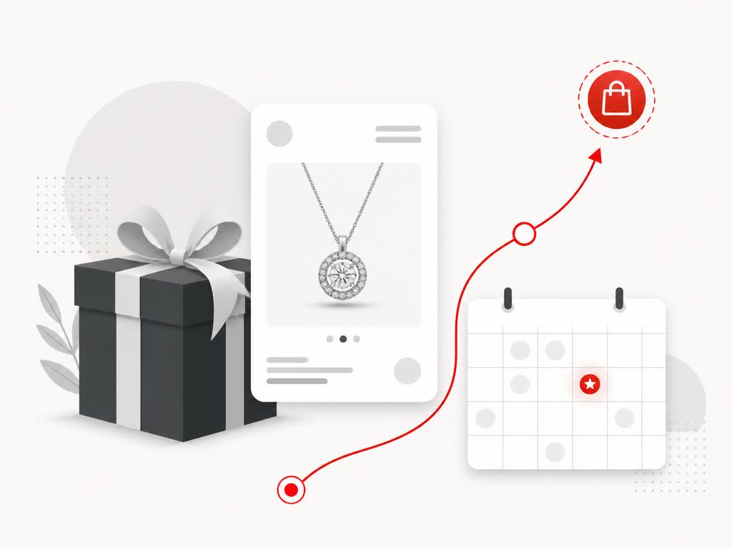 Gifting composition with a product detail card, milestone calendar cue, and rising demand path