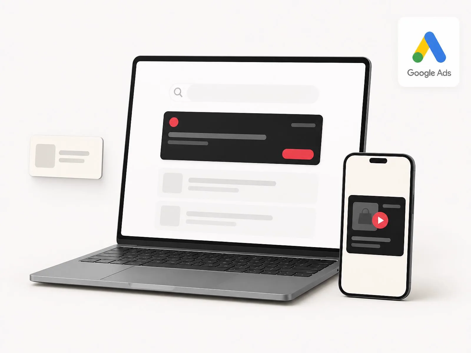 Laptop and phone showing a Google search ad and a mobile shopping placement