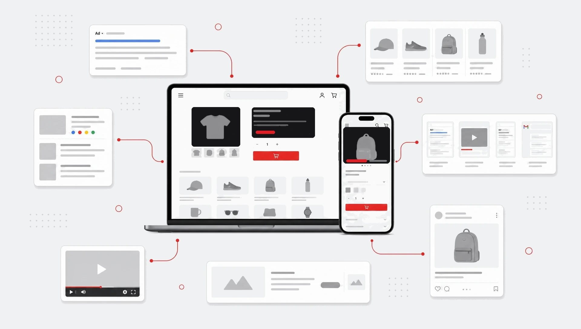 Ecommerce storefront on a laptop and smartphone surrounded by Google Ads campaign-type modules