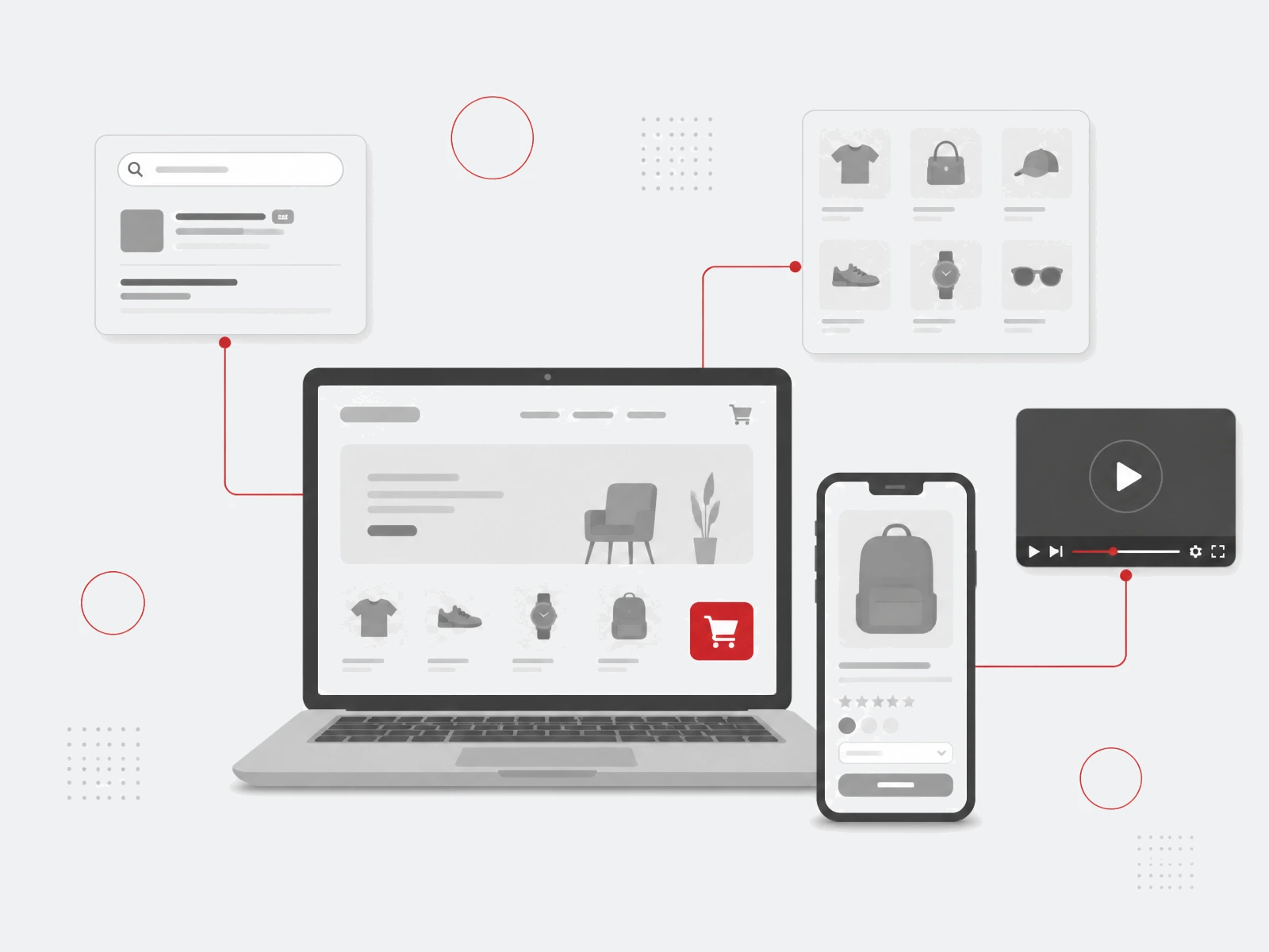 Illustration of one campaign running across storefront, search, product and video surfaces