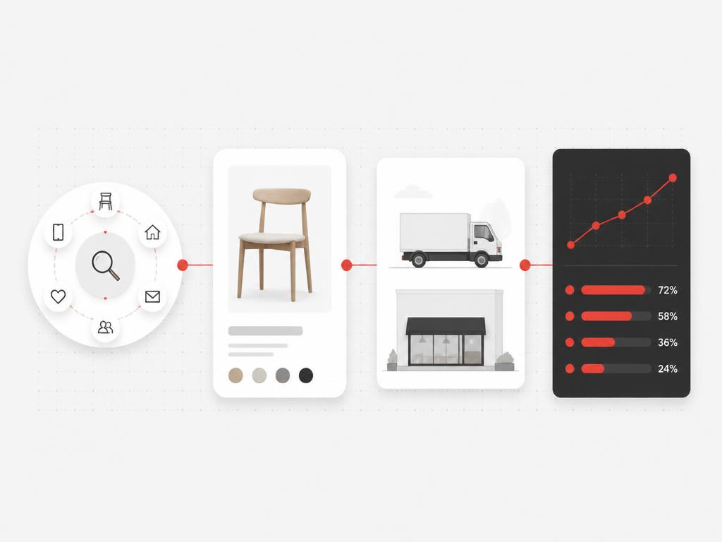 Customer journey from discovery to high-value purchase with delivery, retail and margin signals