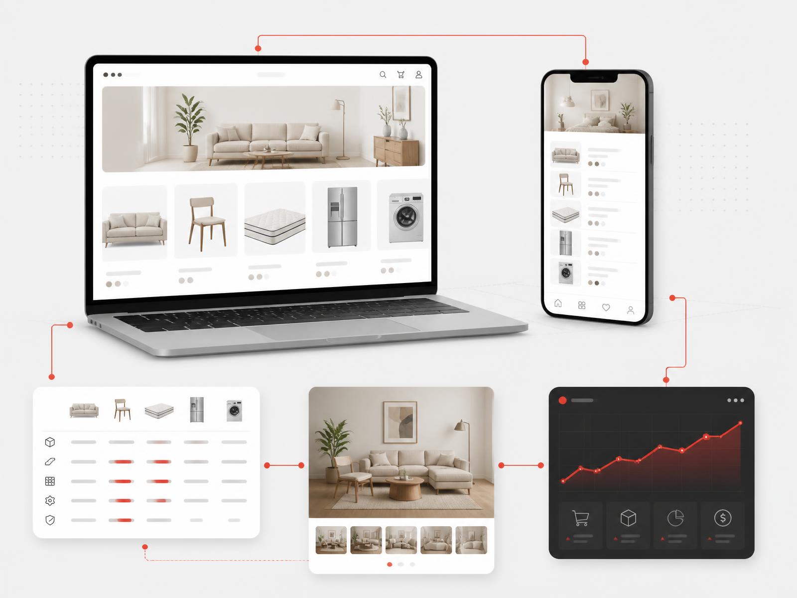Home and living ecommerce storefront on laptop and phone with product comparison module, room lifestyle frame and a revenue performance module connected together