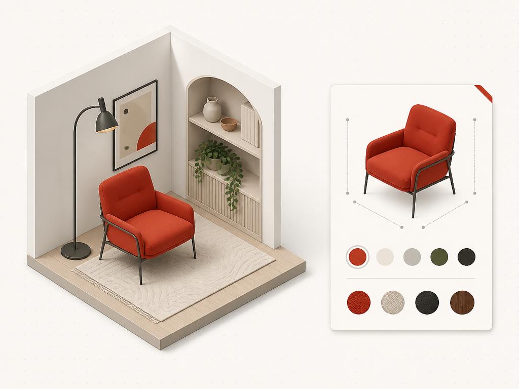 Styled room corner beside a product detail card with scale, colour and finish cues