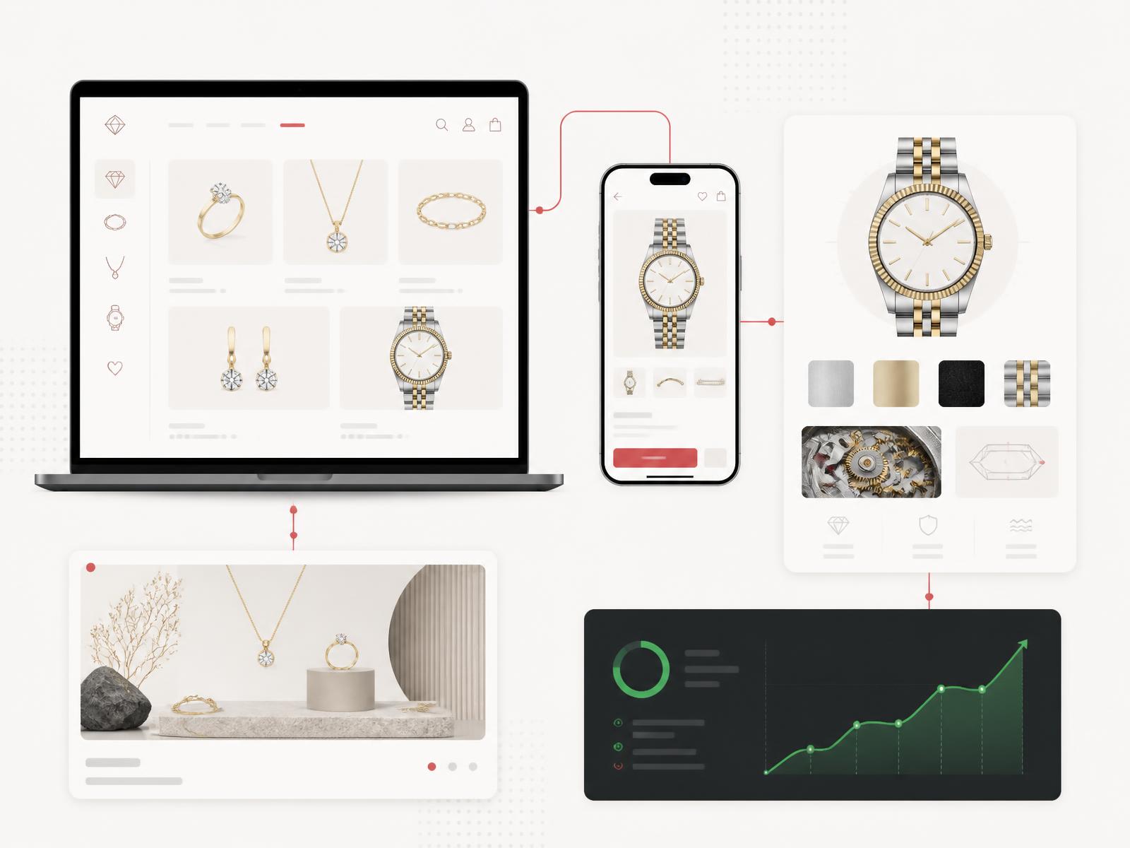 Jewelry and watch ecommerce storefront, product detail module, editorial campaign frame and a revenue performance module connected together