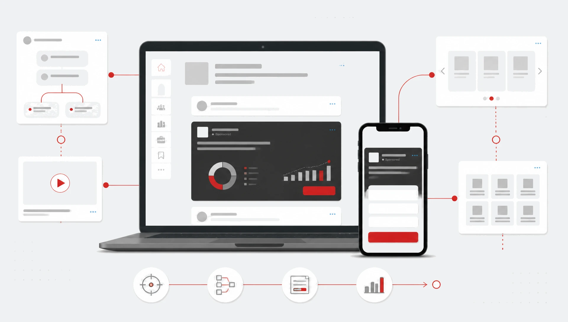 Laptop showing a generic professional business feed with a dark sponsored insight card beside a smartphone displaying a lead capture form with a red submit button