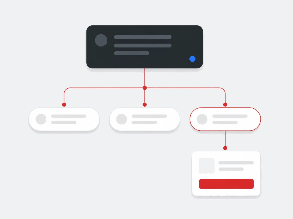 Dark message card branching by red connector lines into three option pills leading to a conversion card
