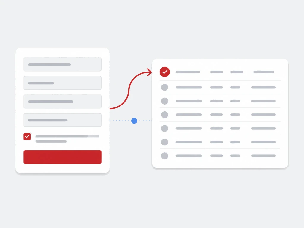 Prefilled lead capture form card with a red submit button connected by a red arrow to a CRM record list