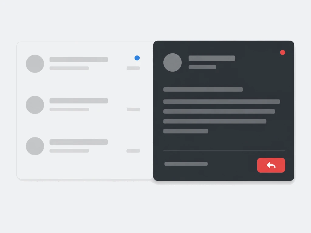 Professional inbox list beside a dark direct message card with a red reply button