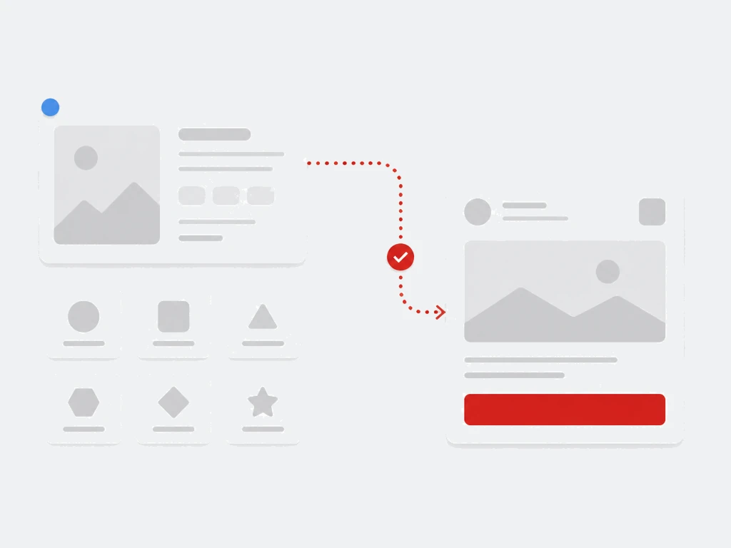 Previously viewed business page card linked by a dotted red path to a returning sponsored feed card with a red button
