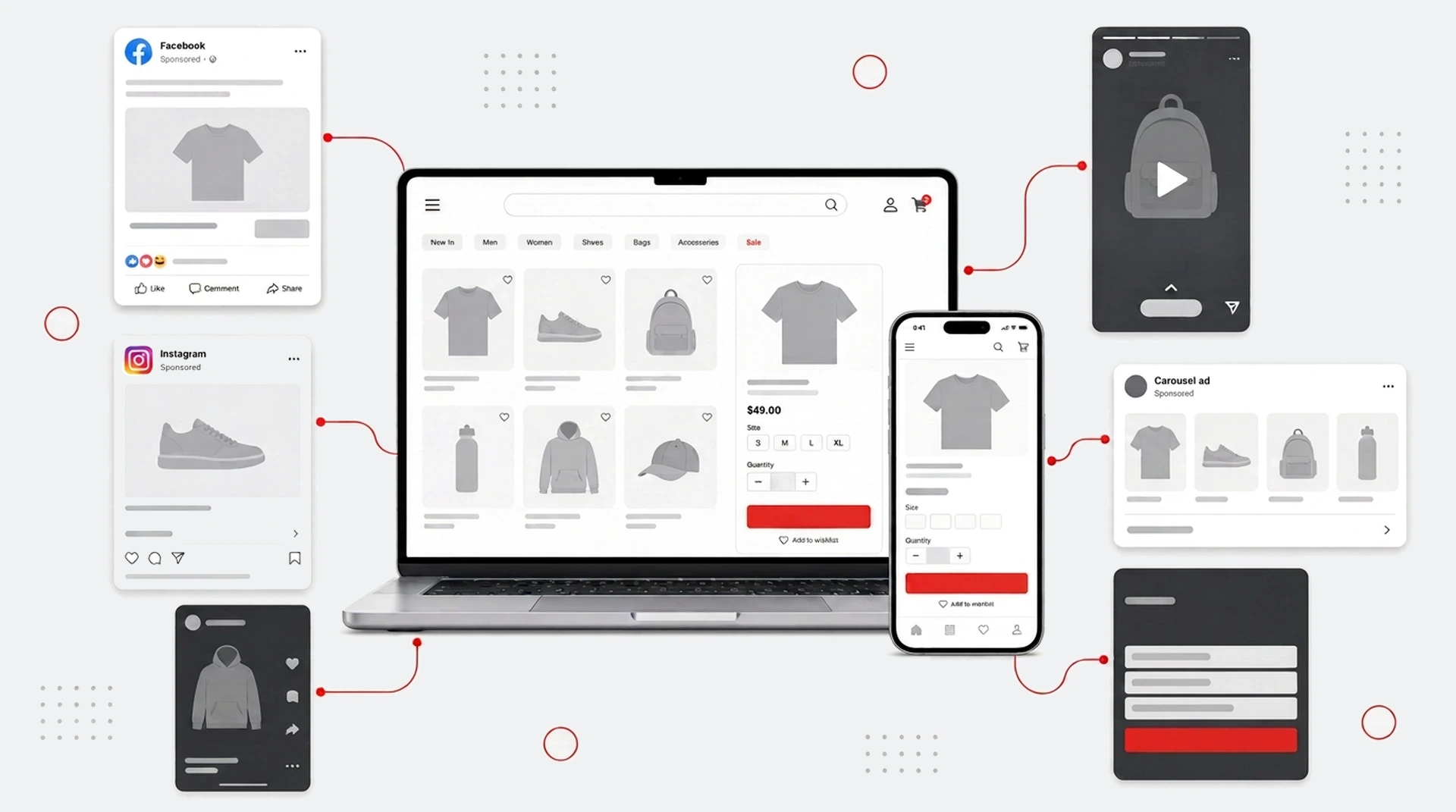Ecommerce storefront on a laptop and smartphone surrounded by Facebook and Instagram ad placement modules