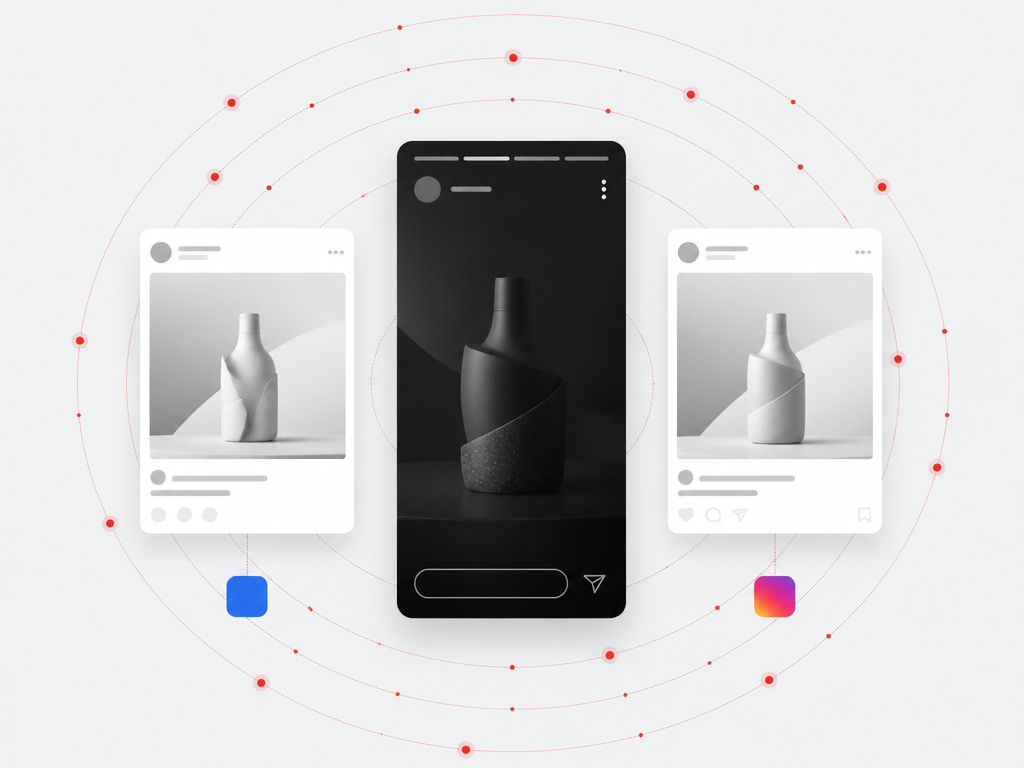 Illustration of a vertical social story creative surrounded by audience reach signals