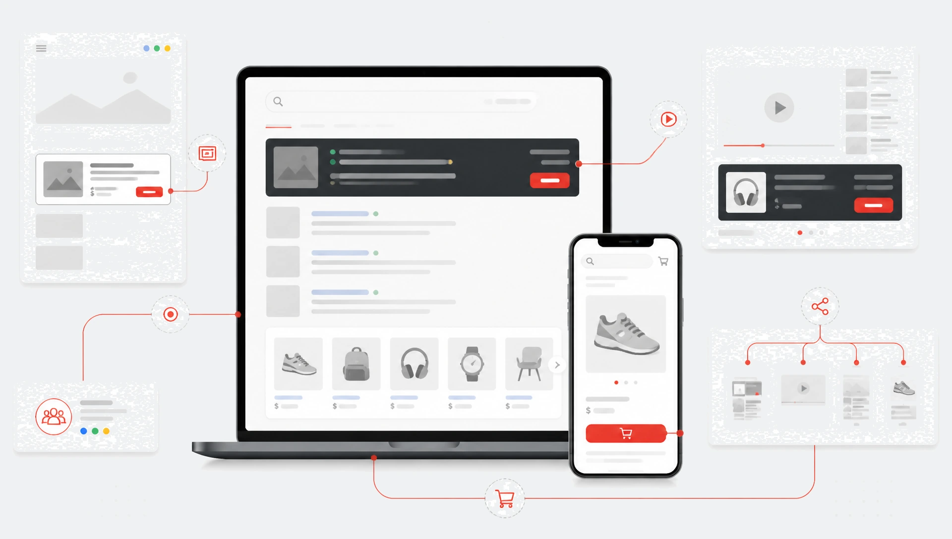 Laptop showing a generic search results page with a sponsored listing and shopping product grid beside a smartphone product page with a red buy action