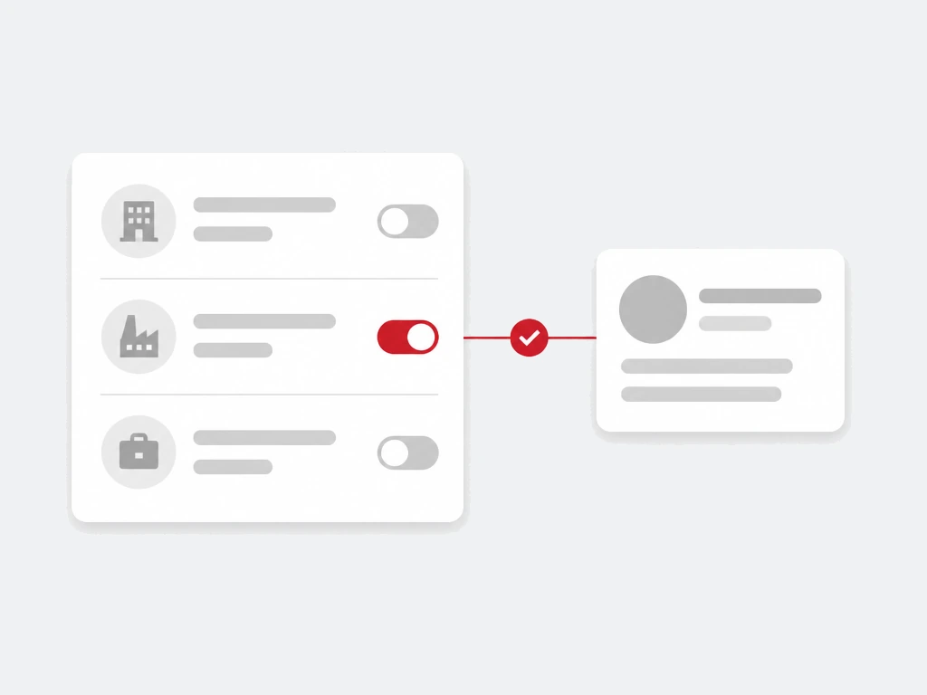 Targeting panel with company, industry and job function filter rows and one red active toggle linked to a business profile card