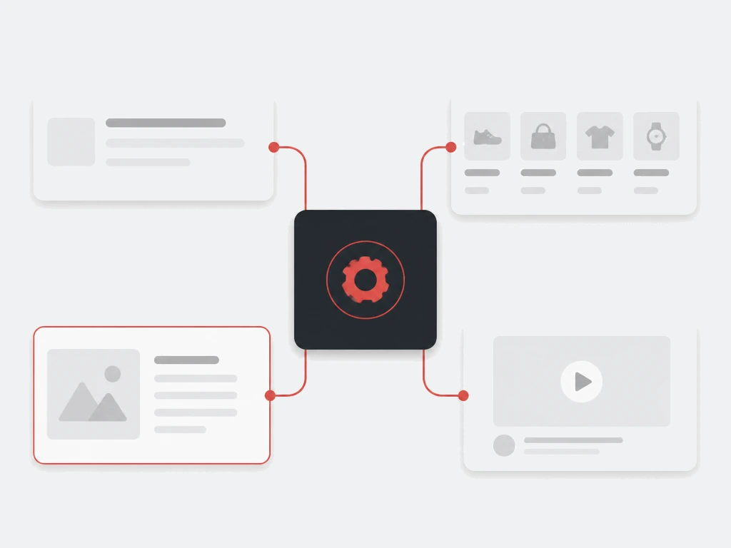 Dark automation hub connected by thin red lines to search, shopping, native and video placement tiles
