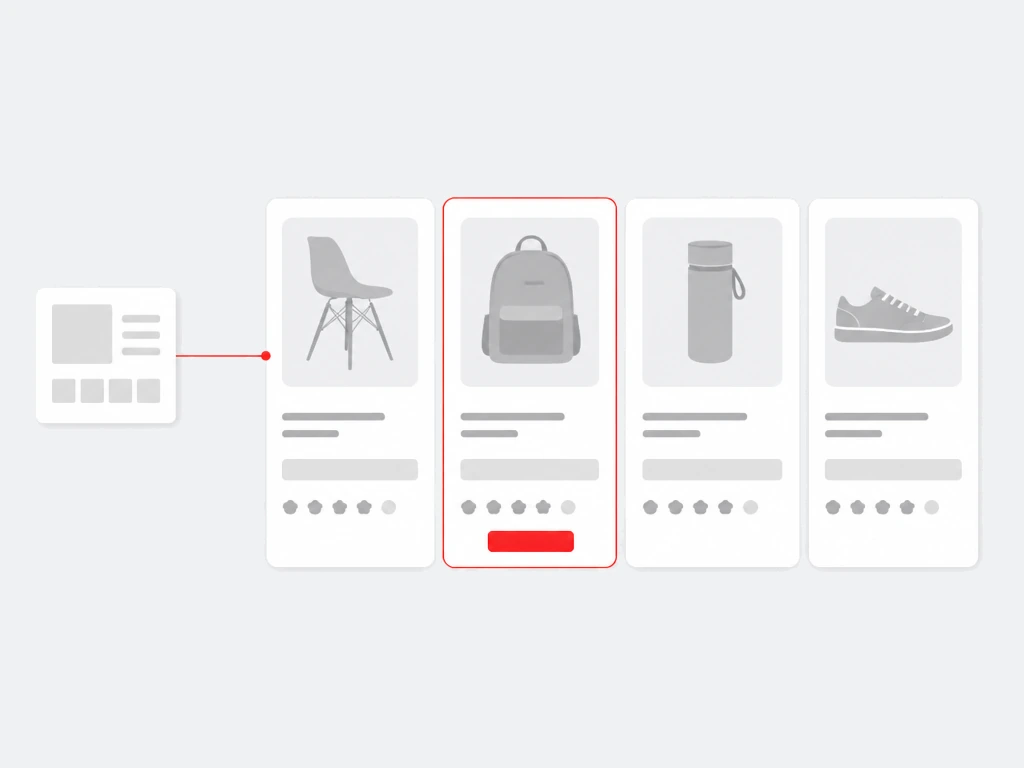 Row of generic product listing cards with price placeholders and one card highlighted in red with a buy button
