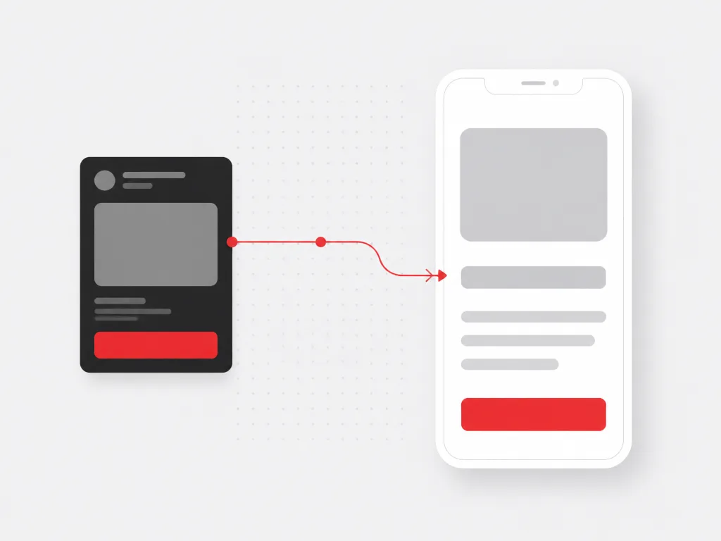 Dark sponsored placement card flowing along a red route into a fast mobile landing screen