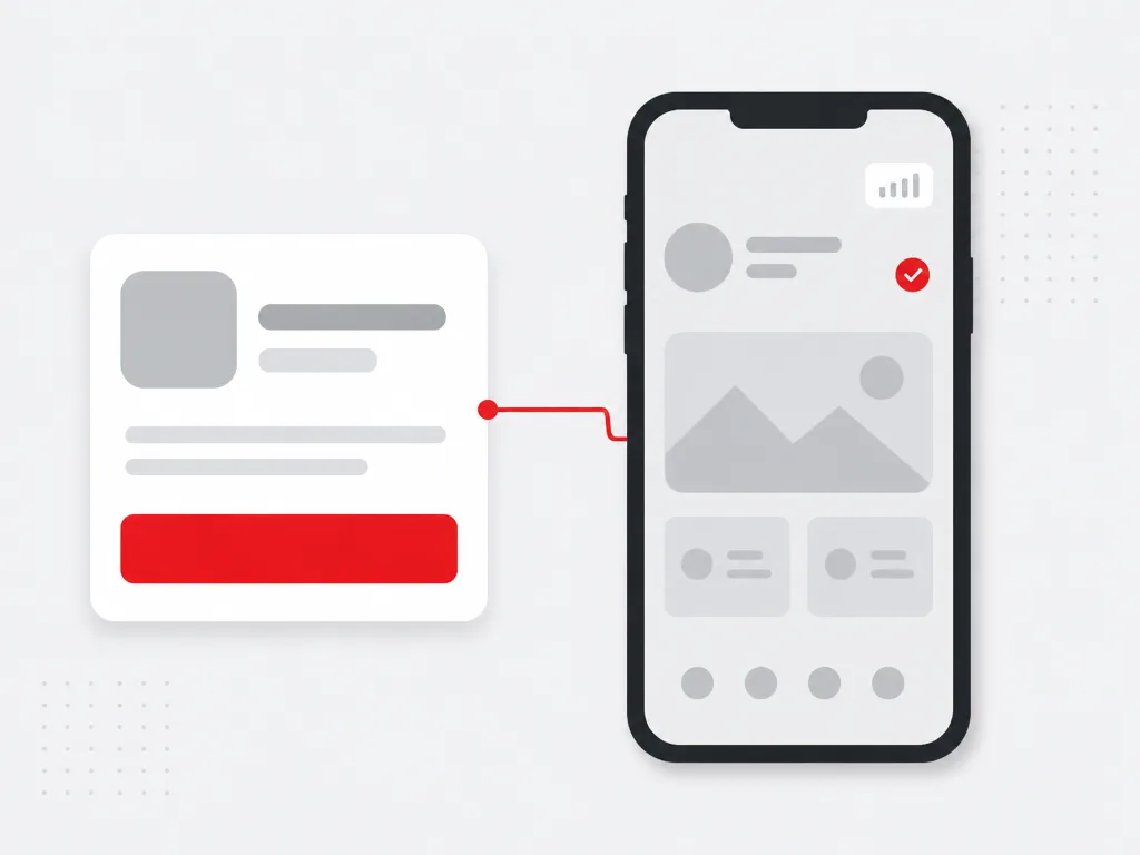 App listing card with a red install button linked to a dark smartphone frame showing an active app
