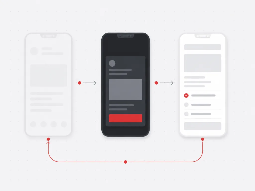 Dormant app screen looping through a deep-linked message module back into an active app along a red path
